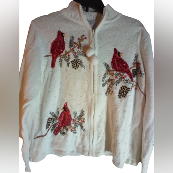 Heirloom Collection Sweaters - Heirloom Collection Embroidered Cardinal Sequins Zip-Up Sweater Size PL Outdoors